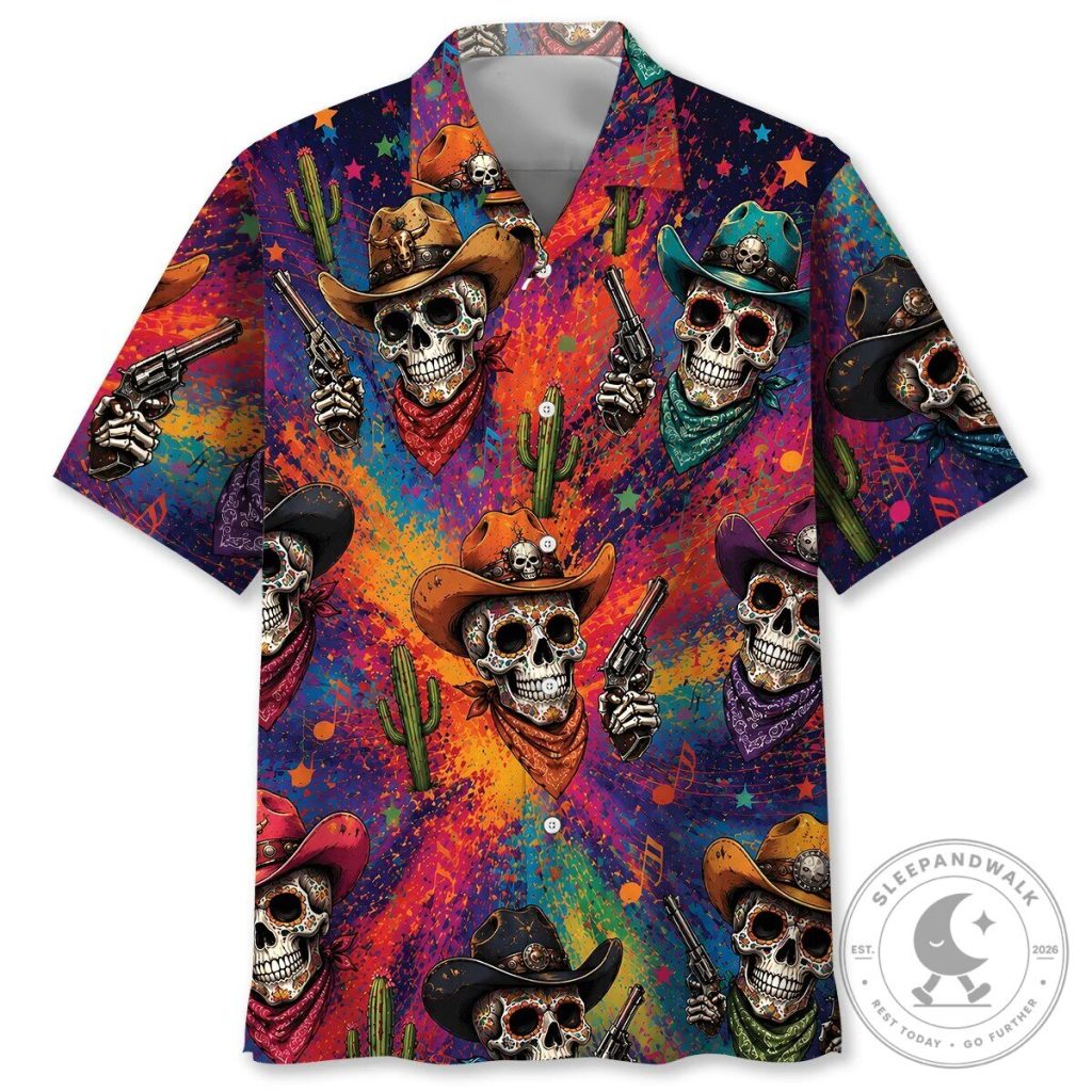 Colorful Sugar Skull Cowboy With Guns And Cactus Hawaiian Shirt Colorful Sugar Skull Cowboy With Guns And Cactus Hawaiian Shirt