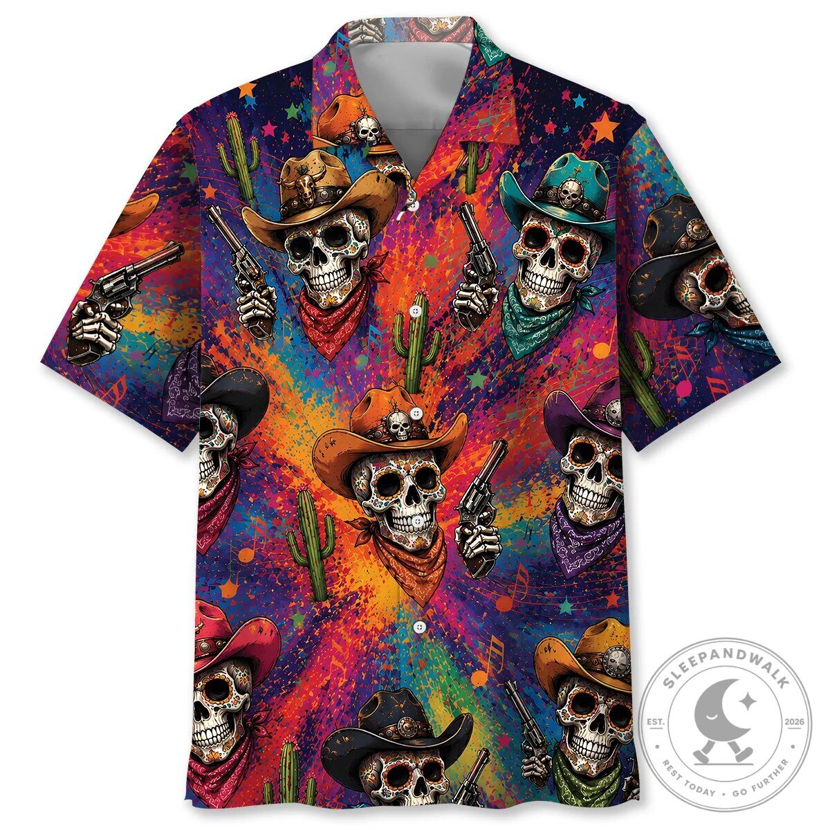 Colorful Sugar Skull Cowboy With Guns And Cactus Hawaiian Shirt