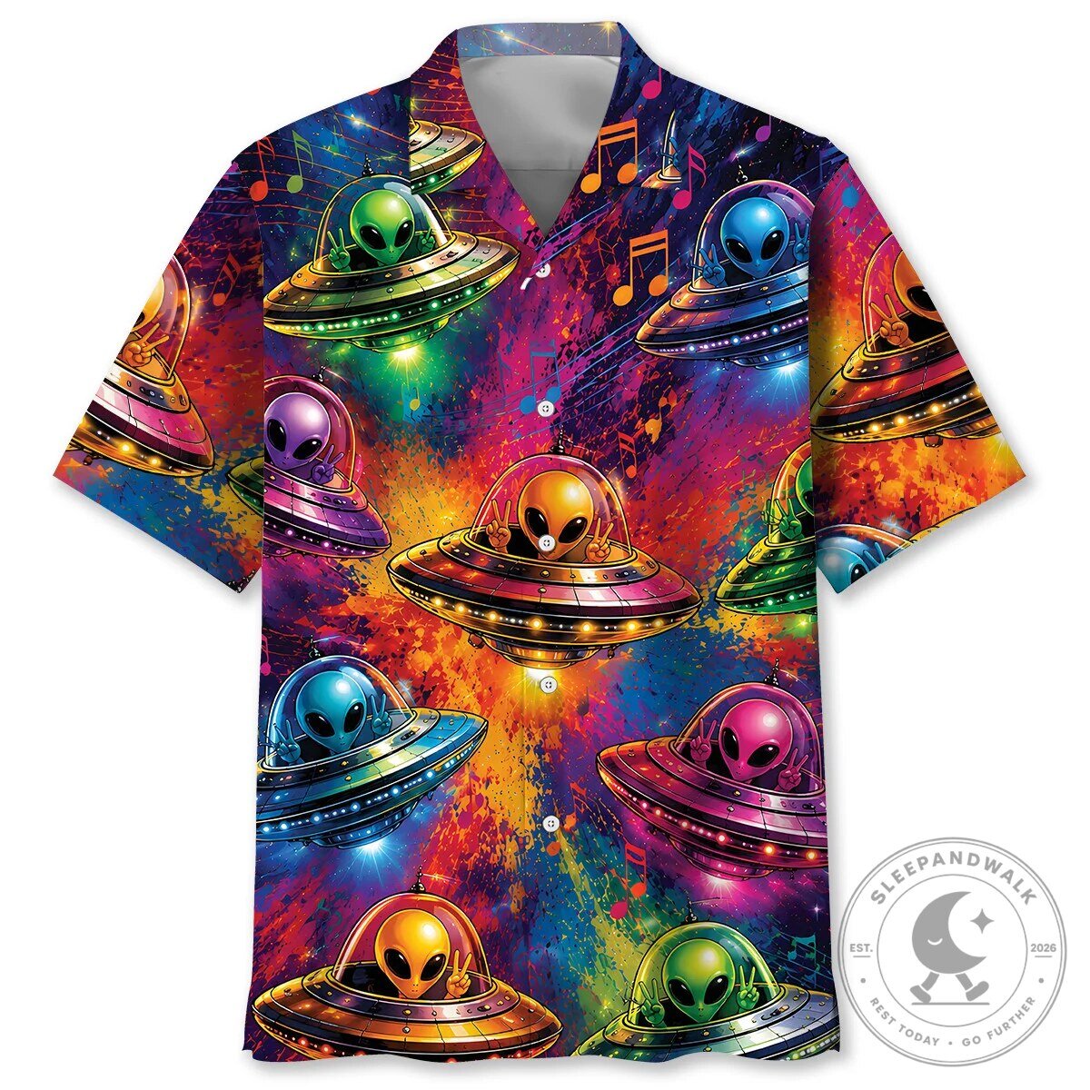 Colorful Alien Spaceship Music Festival Hawaiian Shirt