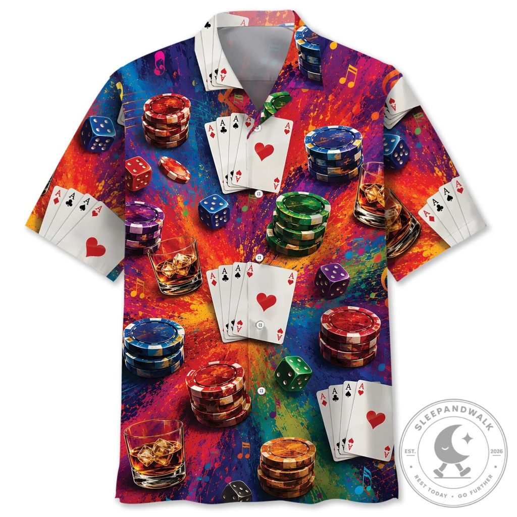 Colorful Poker Cards Dice Chips Whiskey Glass Pattern Hawaiian Shirt Colorful Poker Cards Dice Chips Whiskey Glass Pattern Hawaiian Shirt