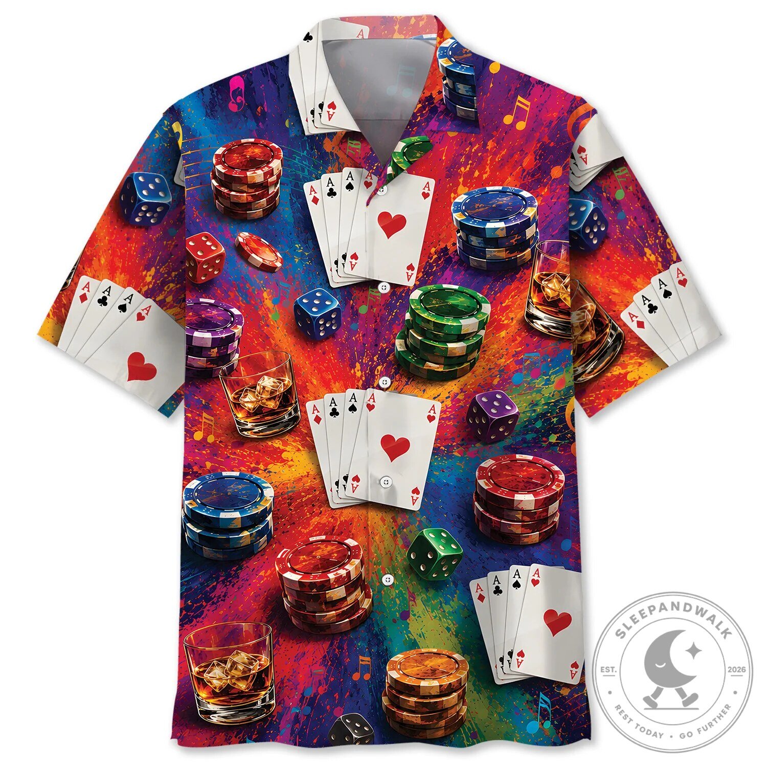 Colorful Poker Cards Dice Chips Whiskey Glass Pattern Hawaiian Shirt