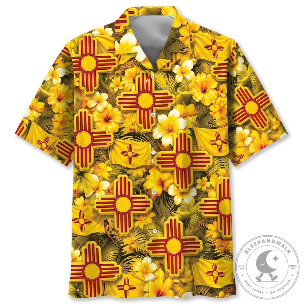 New Mexico State Flag Zia Symbol Hibiscus Flower Yellow Hawaiian Shirt New Mexico State Flag Zia Symbol Hibiscus Flower Yellow Hawaiian Shirt