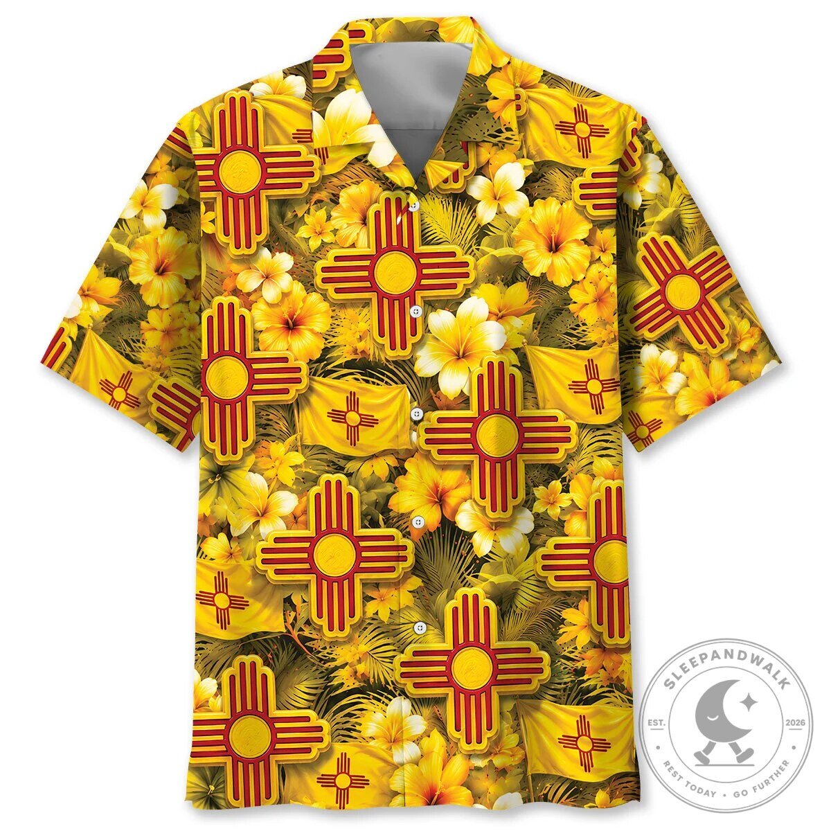 New Mexico State Flag Zia Symbol Hibiscus Flower Yellow Hawaiian Shirt