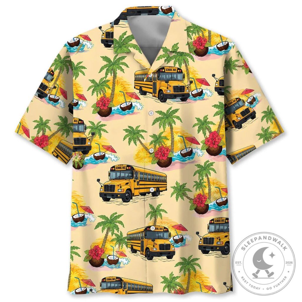 School Bus Tropical Beach Coconut Palm Tree Hawaiian Shirt School Bus Tropical Beach Coconut Palm Tree Hawaiian Shirt
