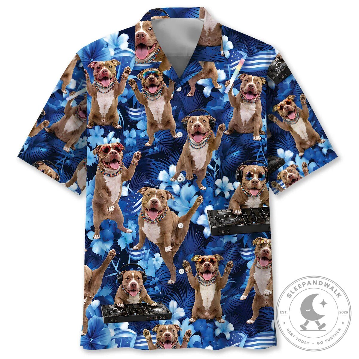 Funny Pit Bull Dog DJ Party Tropical Blue Hawaiian Shirt