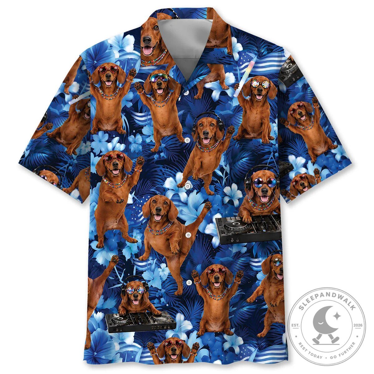 Dachshund Dog Blue Tropical Leaves Pattern Funny Animal Hawaiian Shirt