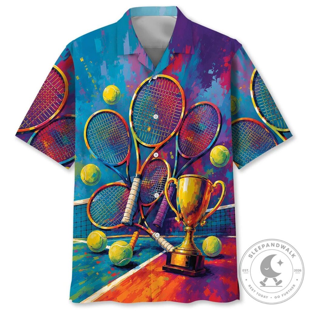 Vibrant Tennis Rackets and Trophy Court Scene Hawaiian Shirt Vibrant Tennis Rackets and Trophy Court Scene Hawaiian Shirt
