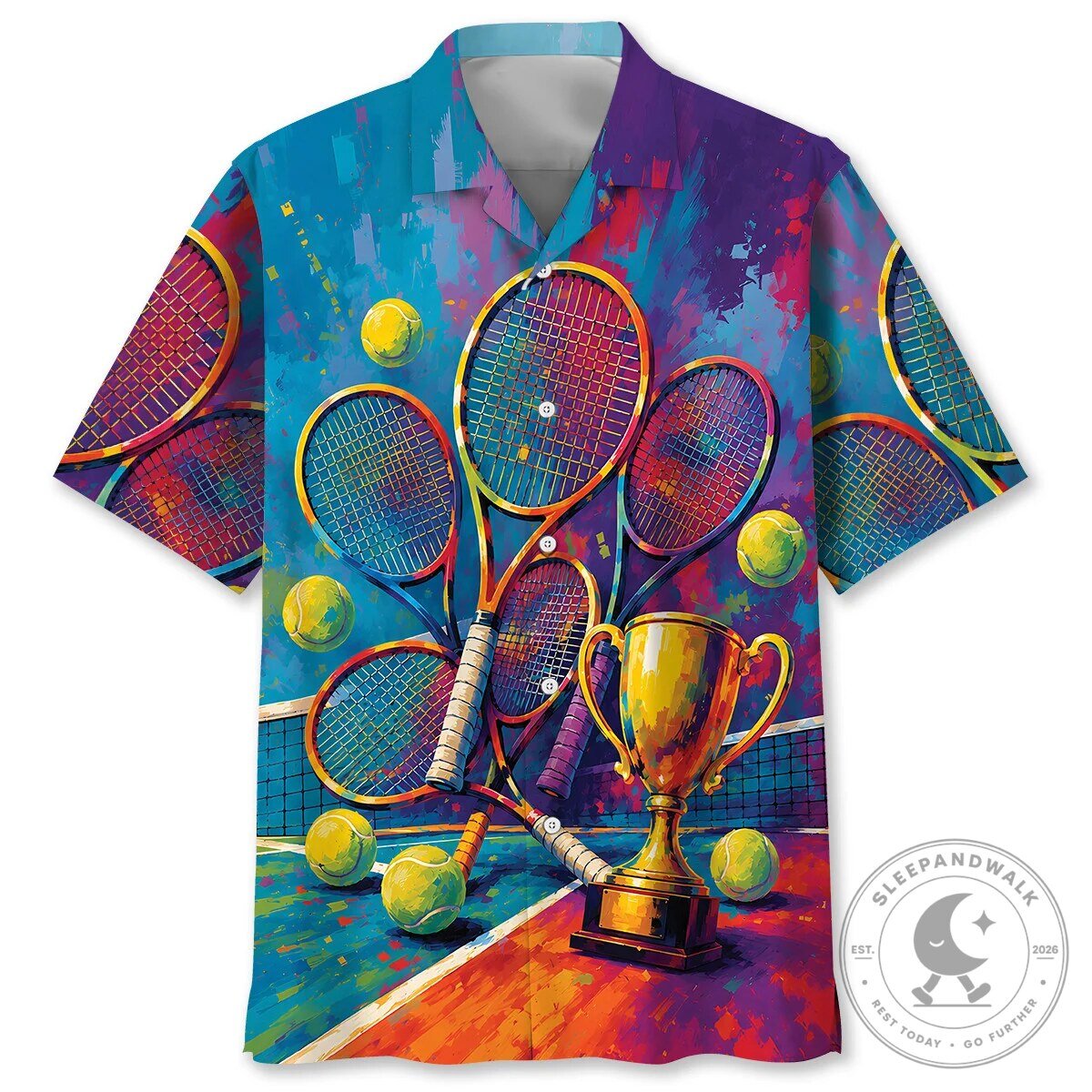 Vibrant Tennis Rackets and Trophy Court Scene Hawaiian Shirt