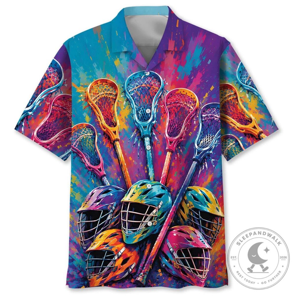 Colorful Lacrosse Sticks and Helmets Hawaiian Shirt Colorful Lacrosse Sticks and Helmets Hawaiian Shirt