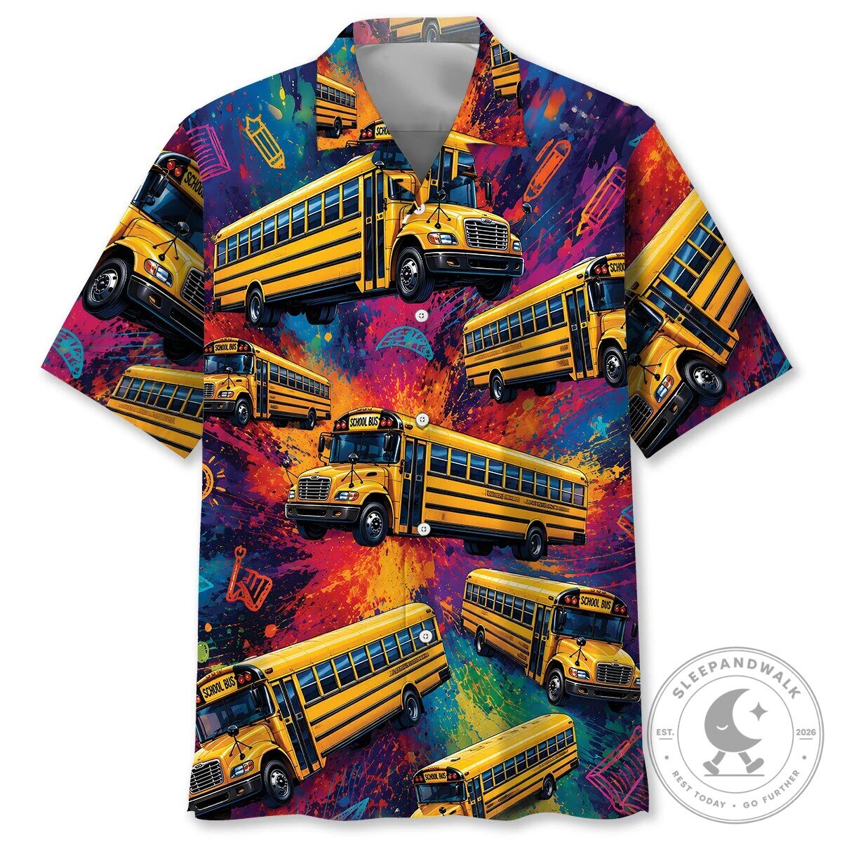 Colorful School Bus Vintage Art Hawaiian Shirt for Men and Women