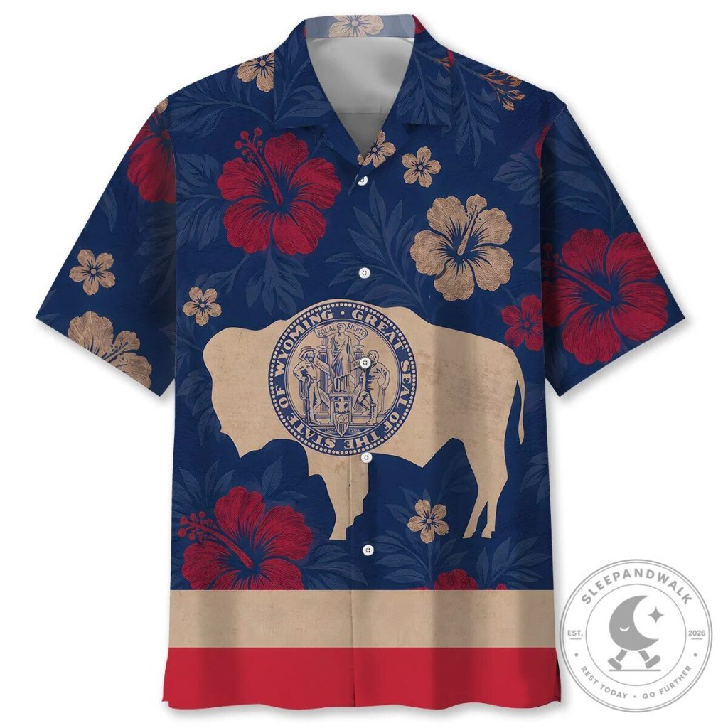 Wyoming State Seal Bison Hibiscus Floral Pattern Hawaiian Shirt Wyoming State Seal Bison Hibiscus Floral Pattern Hawaiian Shirt