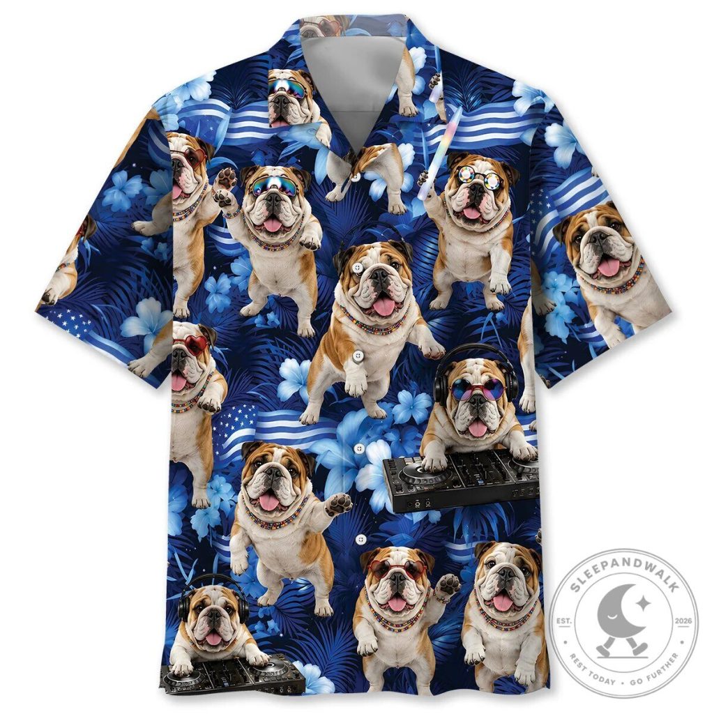 Funny Bulldog DJ Tropical Blue Hawaiian Shirt for Men Funny Bulldog DJ Tropical Blue Hawaiian Shirt for Men