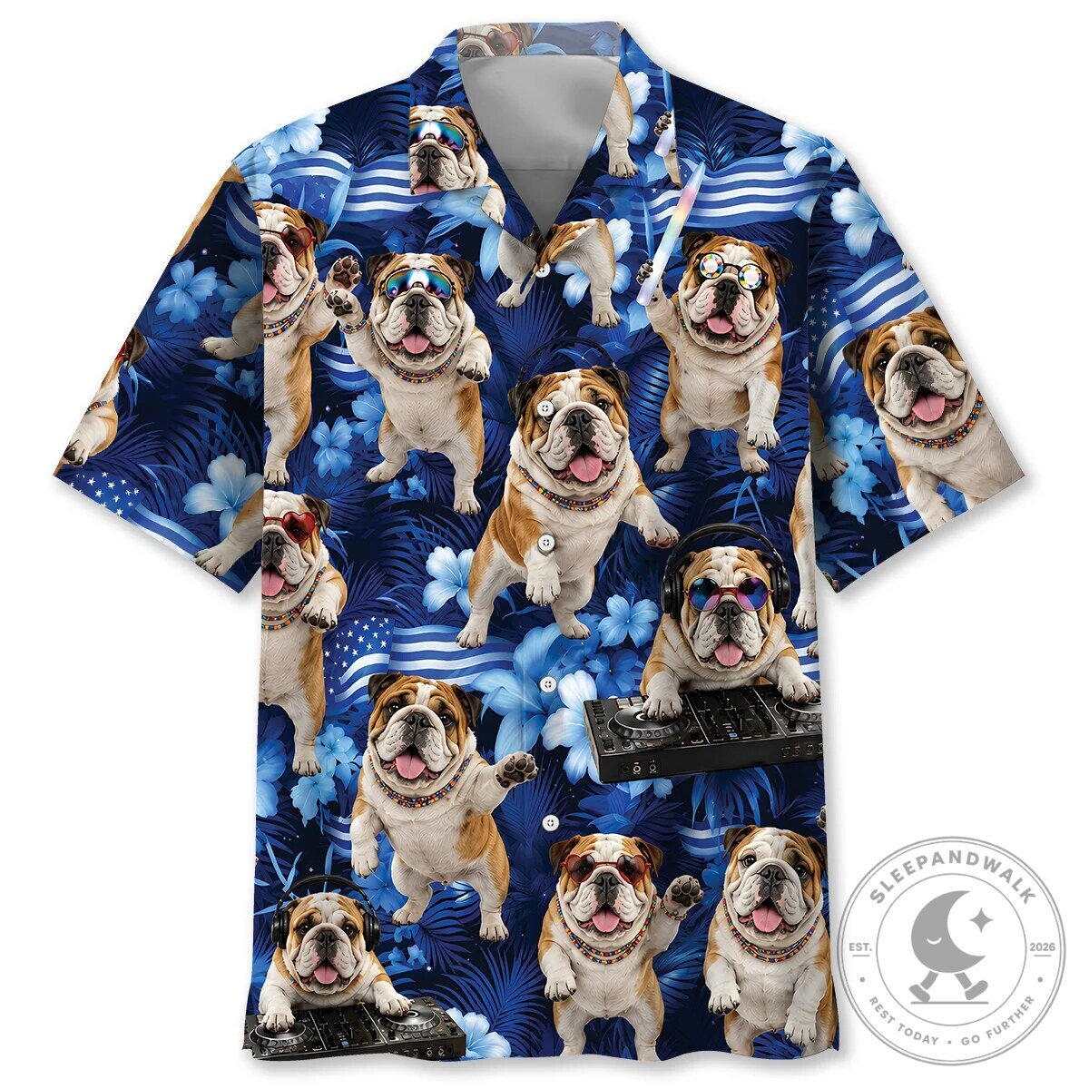Funny Bulldog DJ Tropical Blue Hawaiian Shirt for Men