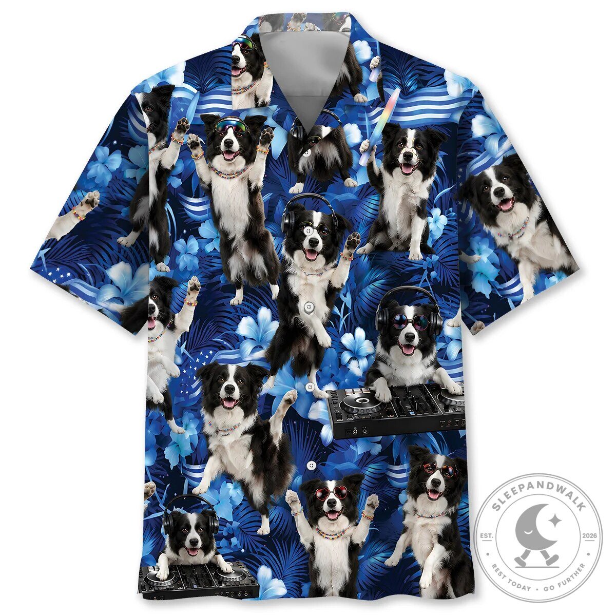 Funny Border Collie Dog DJ Party Tropical Blue Hawaiian Shirt