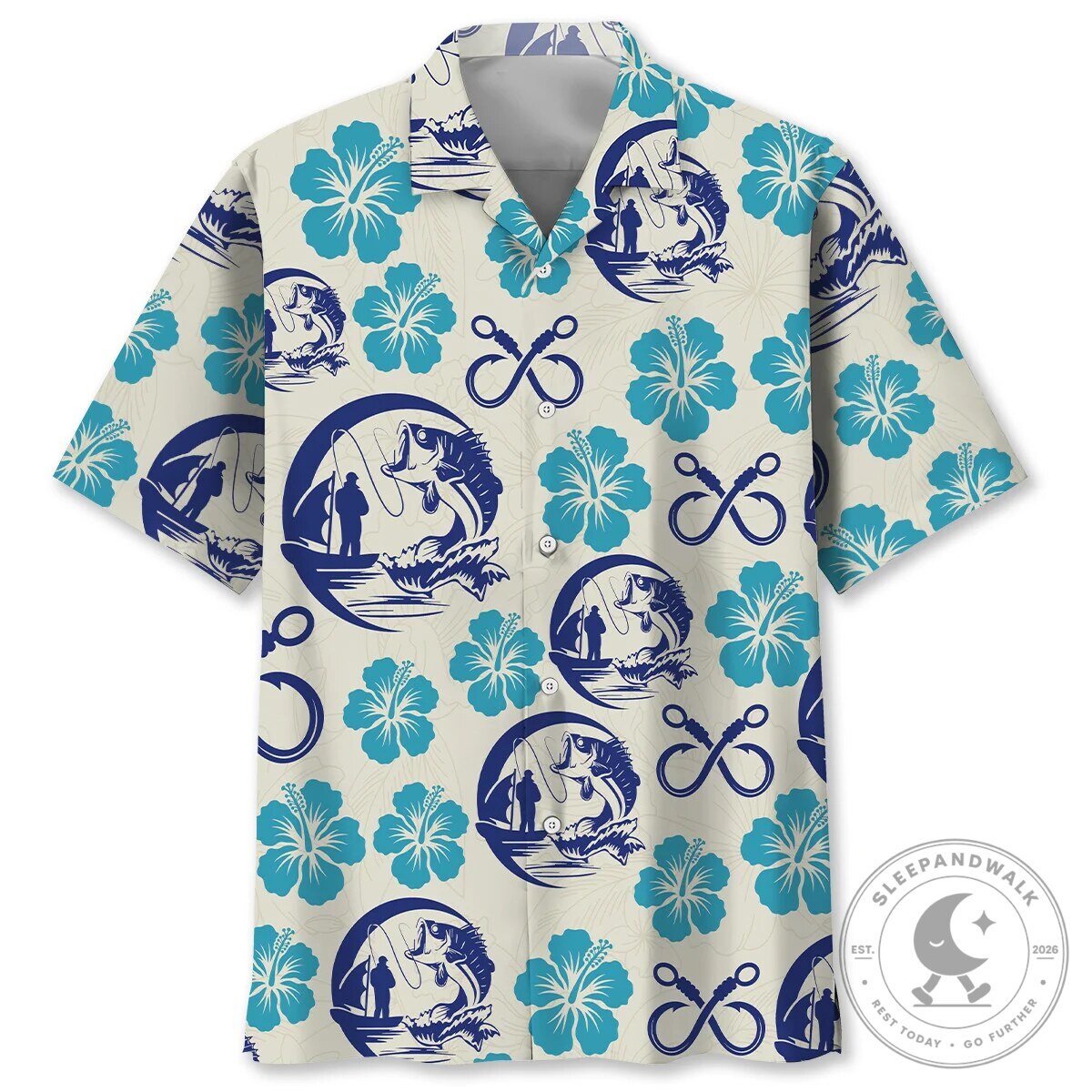 Hook 'Em Fishing Hawaiian Shirt for Men, Bass Fish and Hibiscus Print