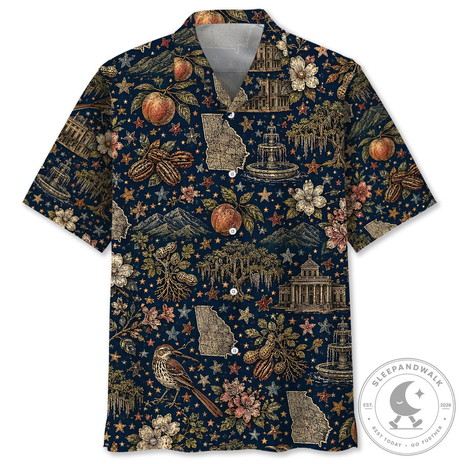 Georgia State Pride Vintage Botanical Print Dark Blue Hawaiian Shirt 1 Georgia State Pride Vintage Botanical Print Dark Blue Hawaiian Shirt