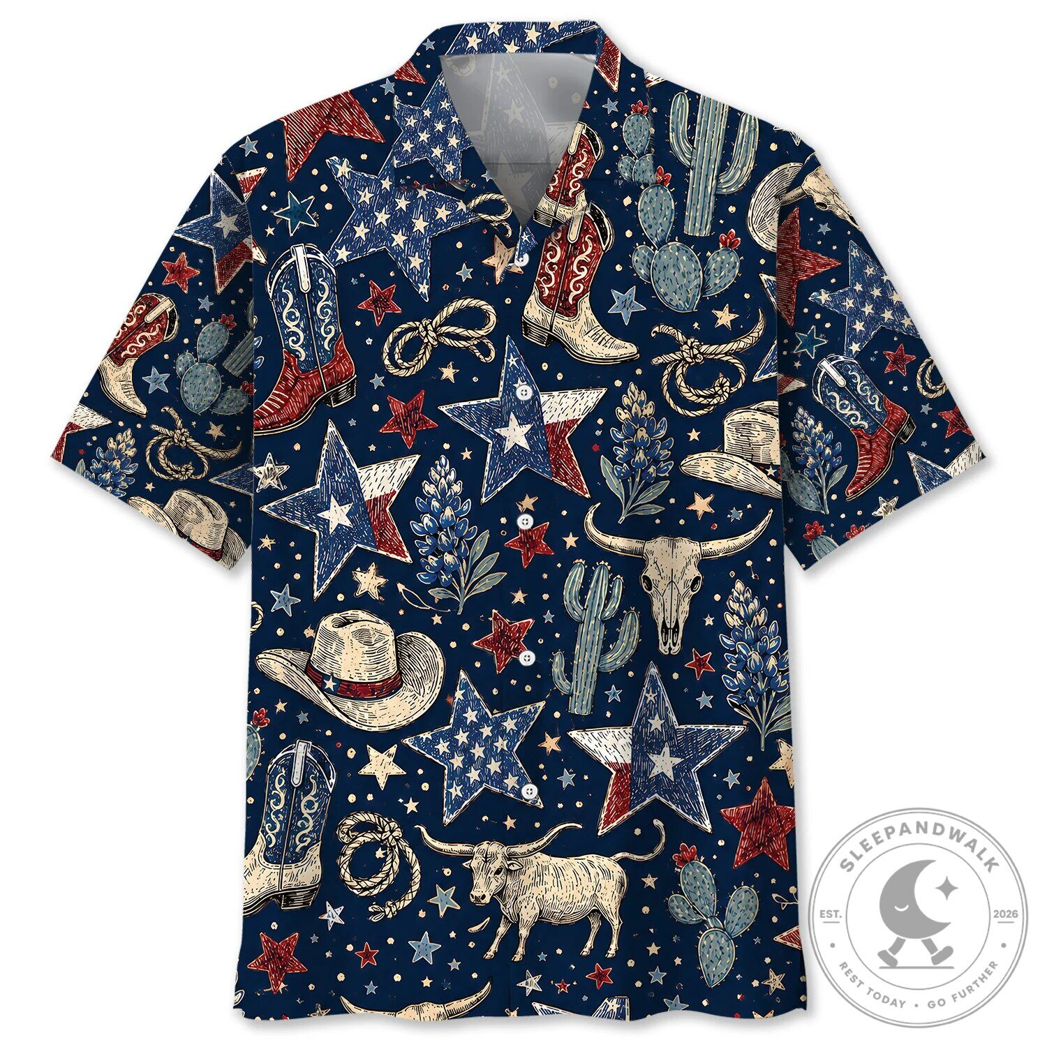 Texas Pride Cowboy Boots Longhorn Cactus Bluebonnet Star Hawaiian Shirt