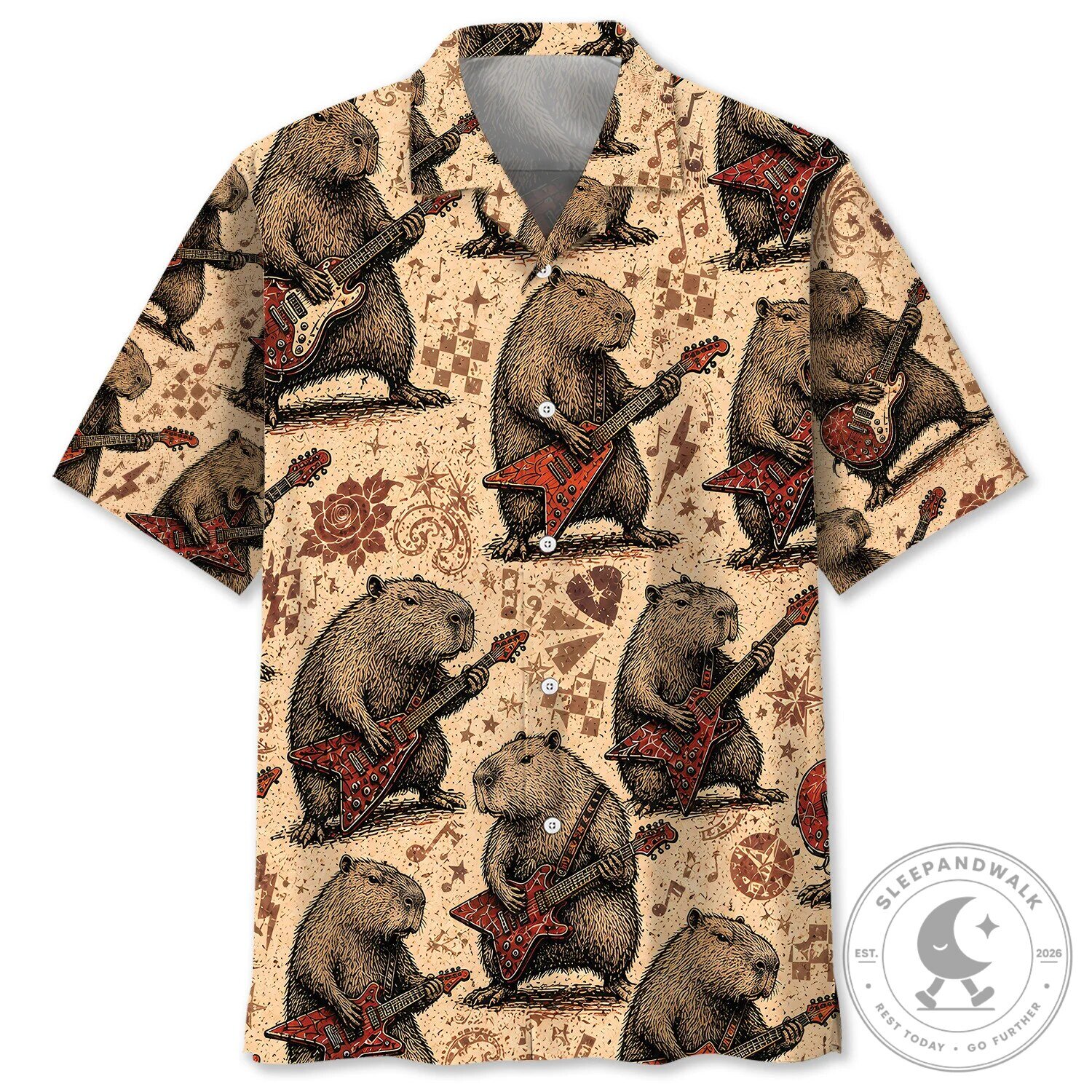 Rock and Roll Capybara Playing Guitar Music Notes Hawaiian Shirt