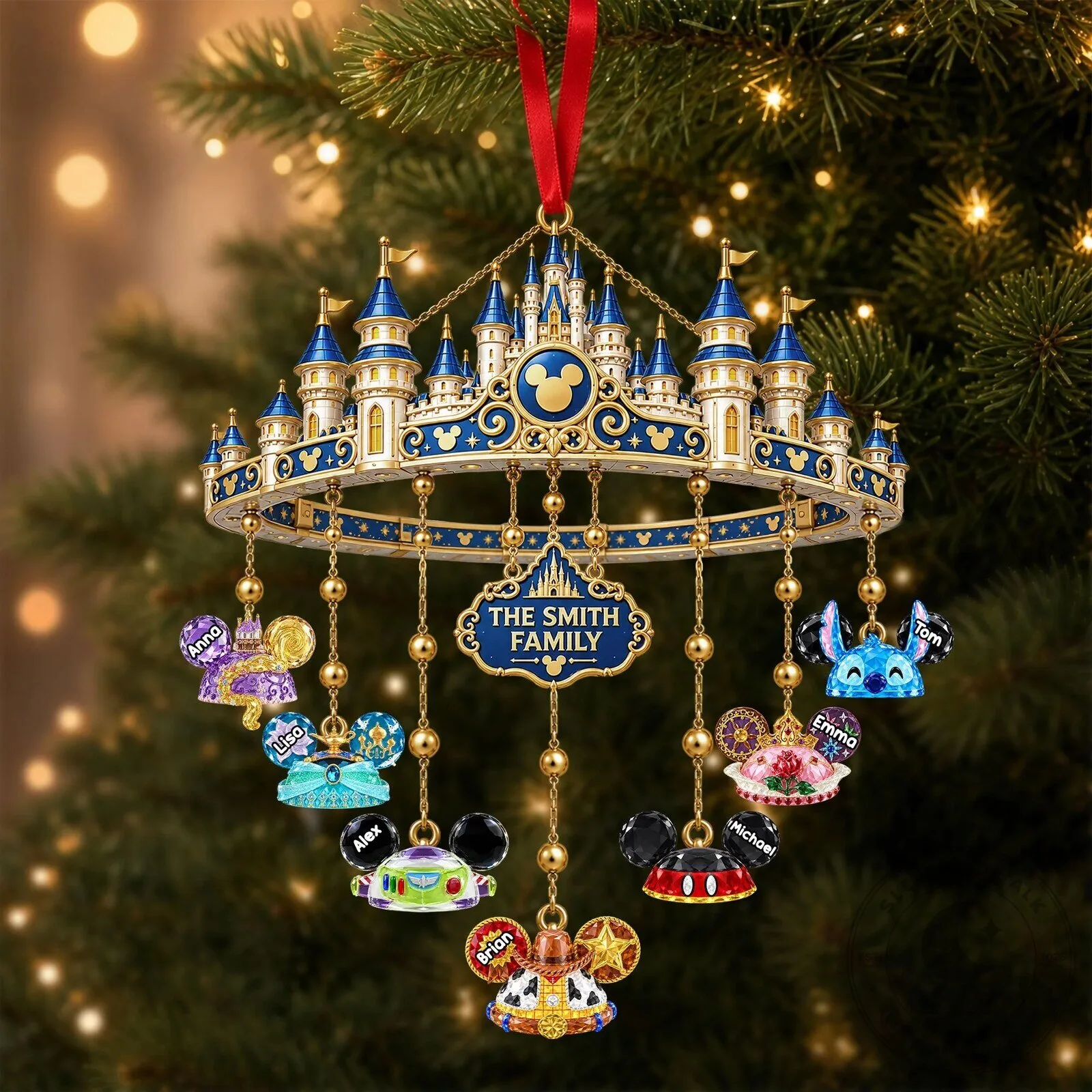 Custom Family Christmas Tree Ornament Featuring Disney Castle Design