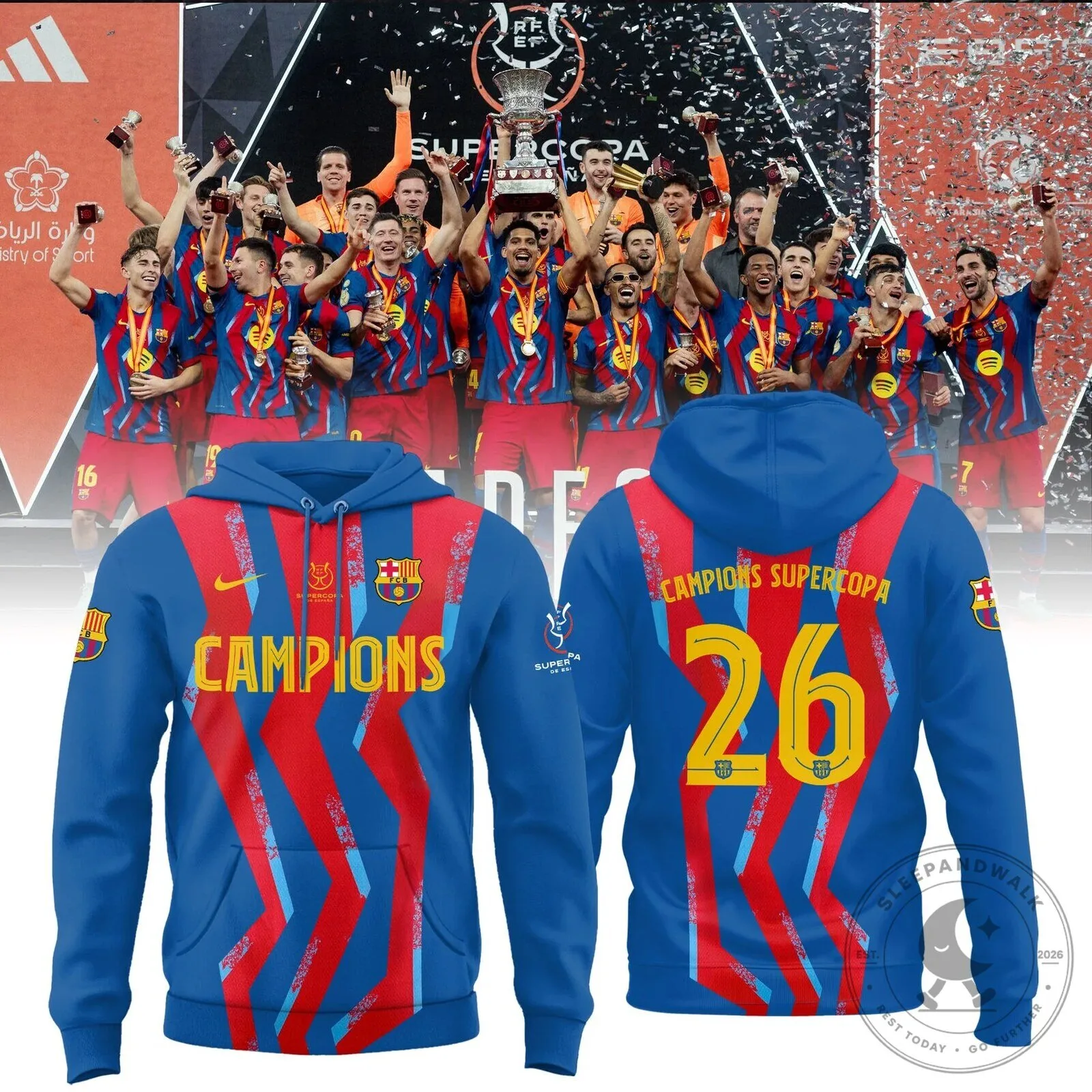 FC Barcelona Supercopa Champions 2026 Blue and Red Striped Hoodie