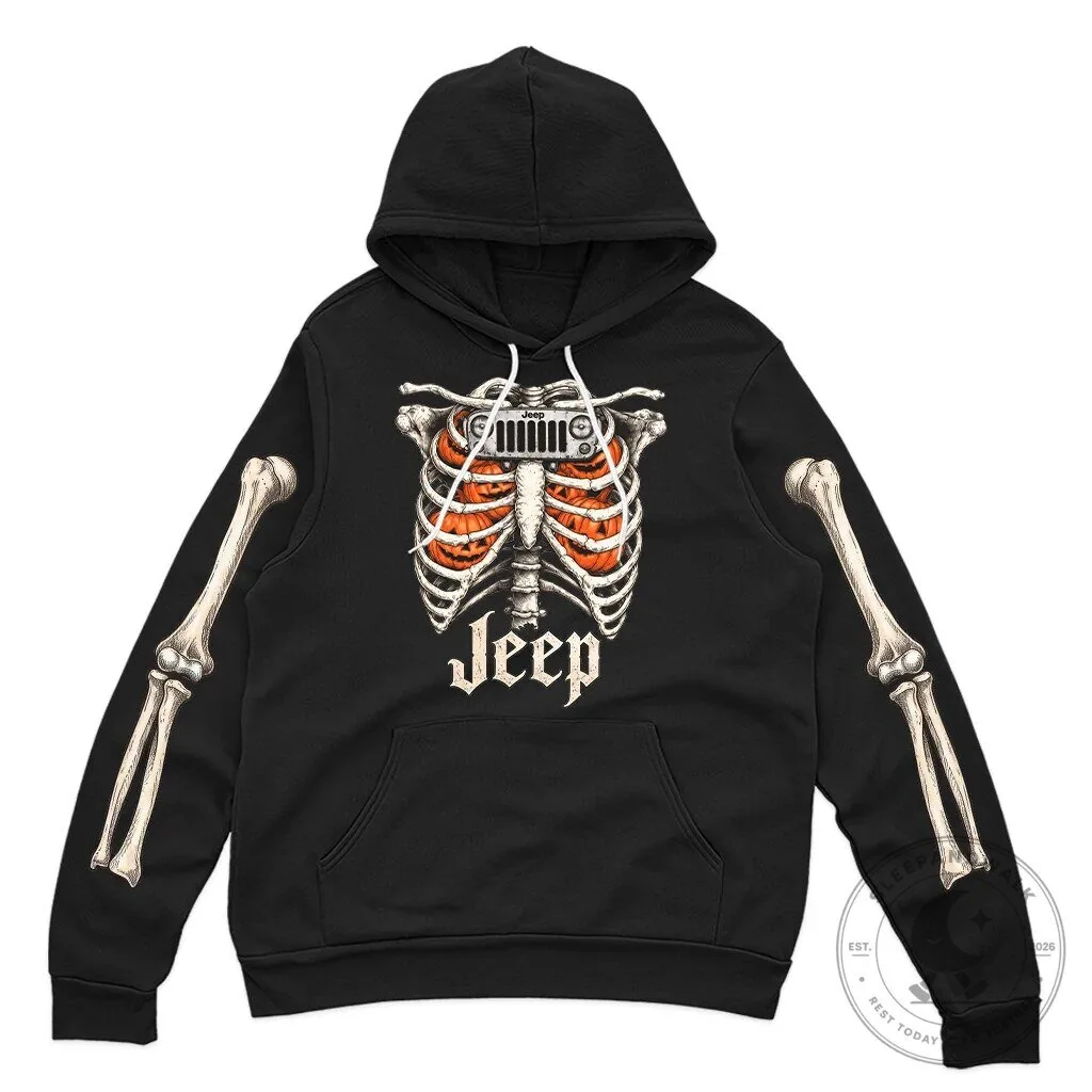 Halloween Jeep Skeleton Rib Cage Pumpkin Hooded Sweatshirt