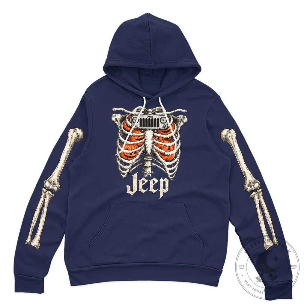 Halloween Jeep Skeleton Rib Cage Pumpkin Hooded Sweatshirt 23 Halloween Jeep Skeleton Rib Cage Pumpkin Hooded Sweatshirt