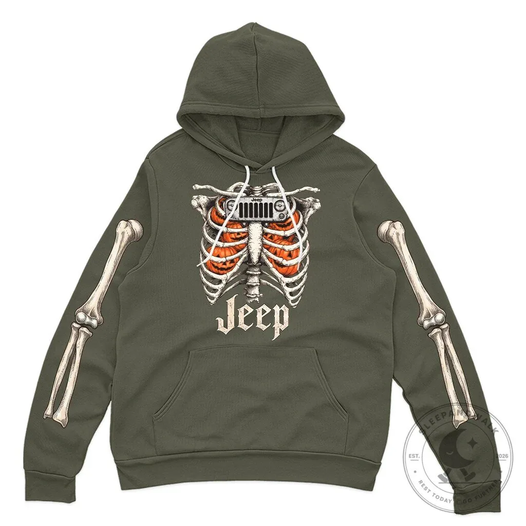 Halloween Jeep Skeleton Rib Cage Pumpkin Hooded Sweatshirt 24 Halloween Jeep Skeleton Rib Cage Pumpkin Hooded Sweatshirt