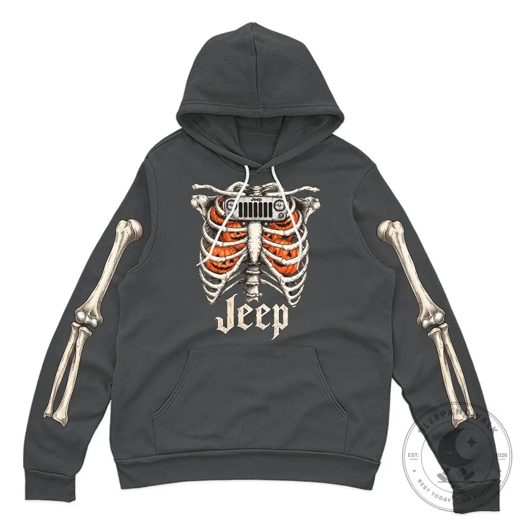 Halloween Jeep Skeleton Rib Cage Pumpkin Hooded Sweatshirt 25 Halloween Jeep Skeleton Rib Cage Pumpkin Hooded Sweatshirt