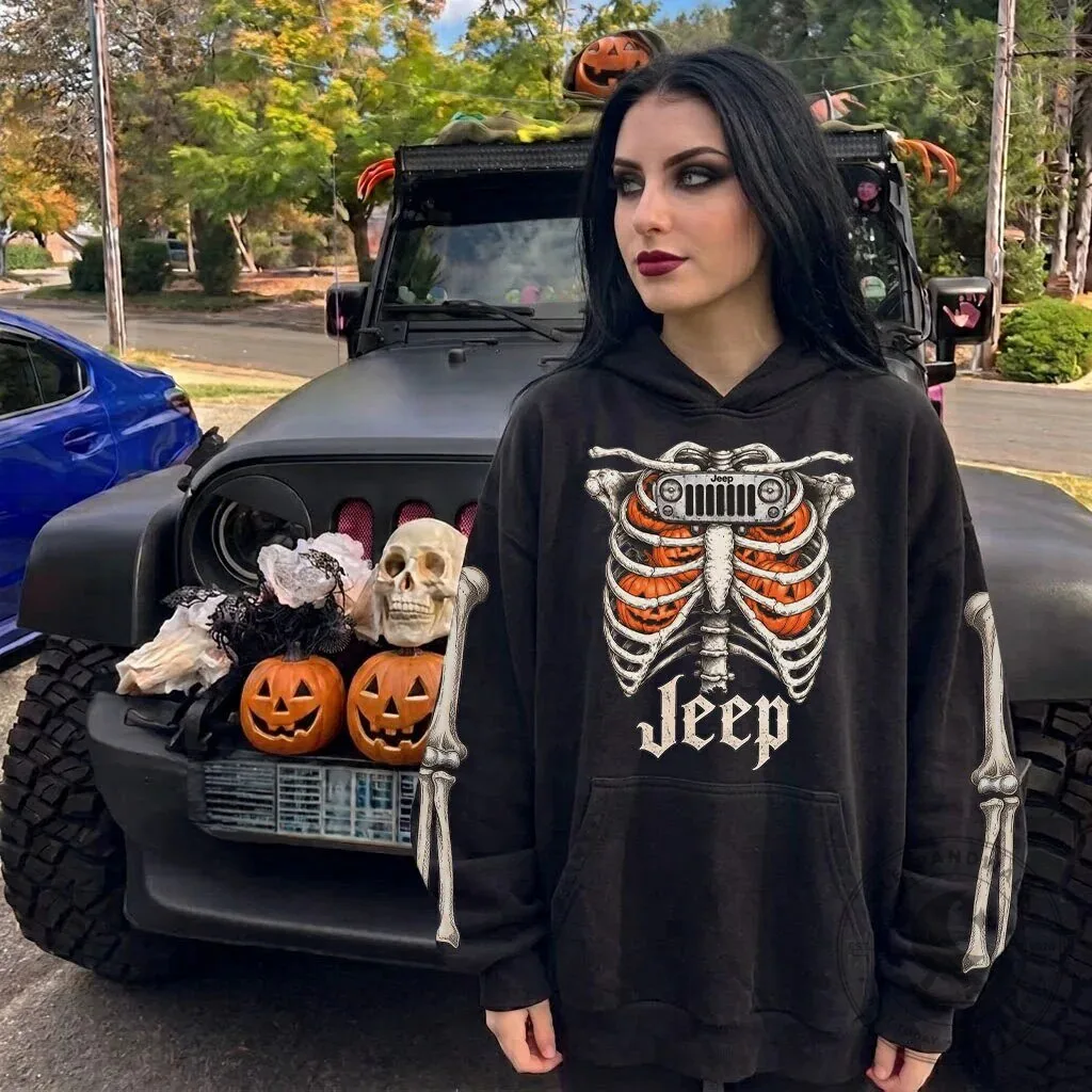 Halloween Jeep Skeleton Rib Cage Pumpkin Hooded Sweatshirt 32 Halloween Jeep Skeleton Rib Cage Pumpkin Hooded Sweatshirt