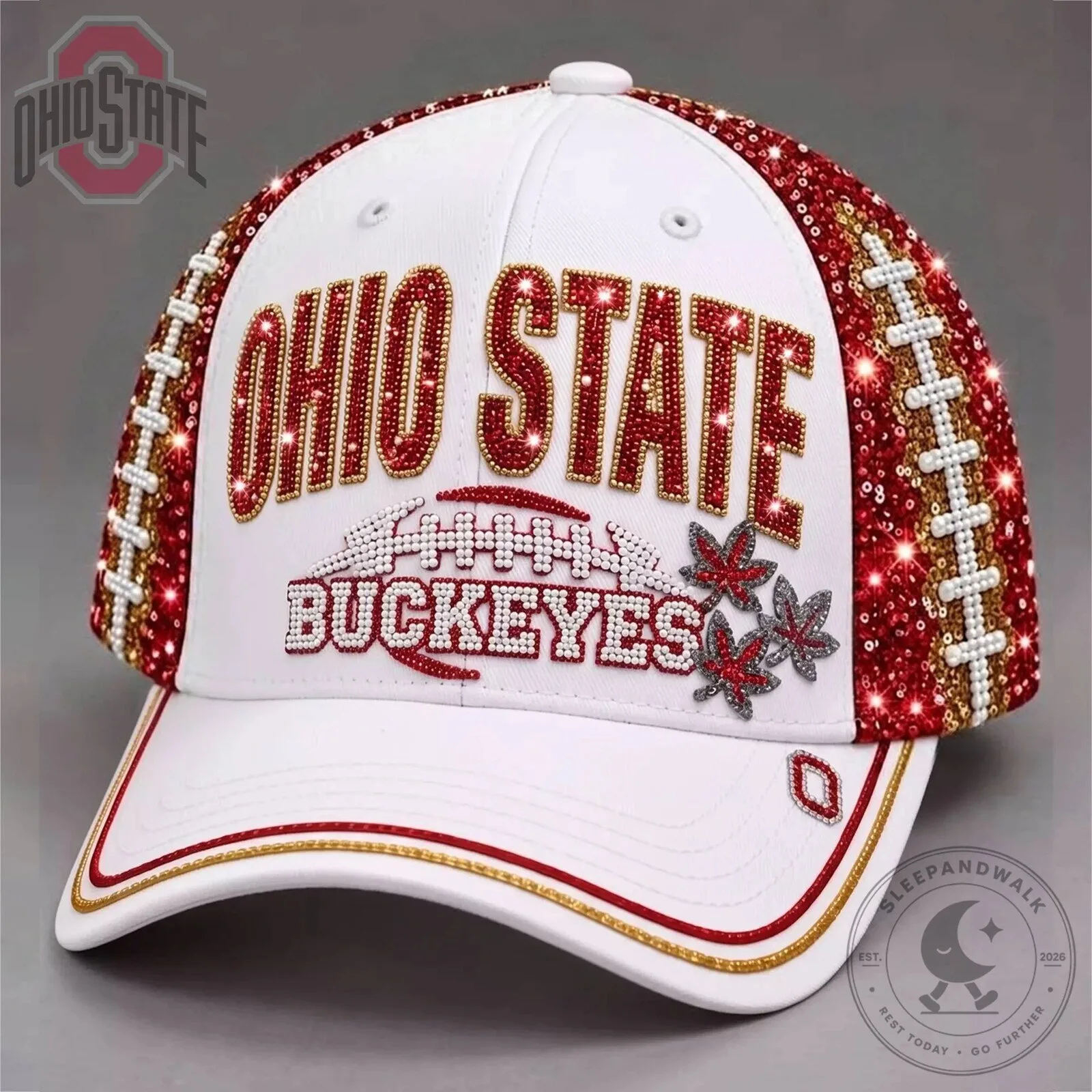 Ohio State Buckeyes Football Sequin Embellished White Cap Hat 2 Ohio State Buckeyes Football Sequin Embellished White Cap Hat