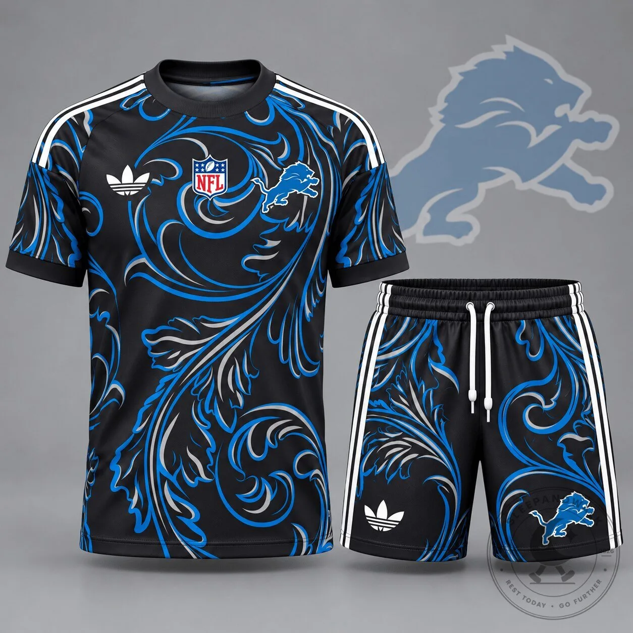 Detroit Lions NFL Heritage Swirl Pattern Black and Blue Football Jersey Set