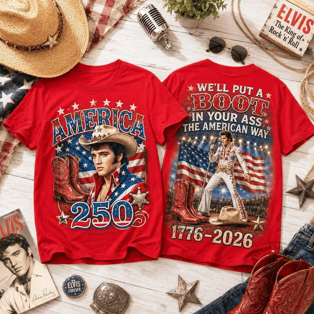 Elvis Presley Patriotic Cowboy Boots America 250th Anniversary T-Shirt