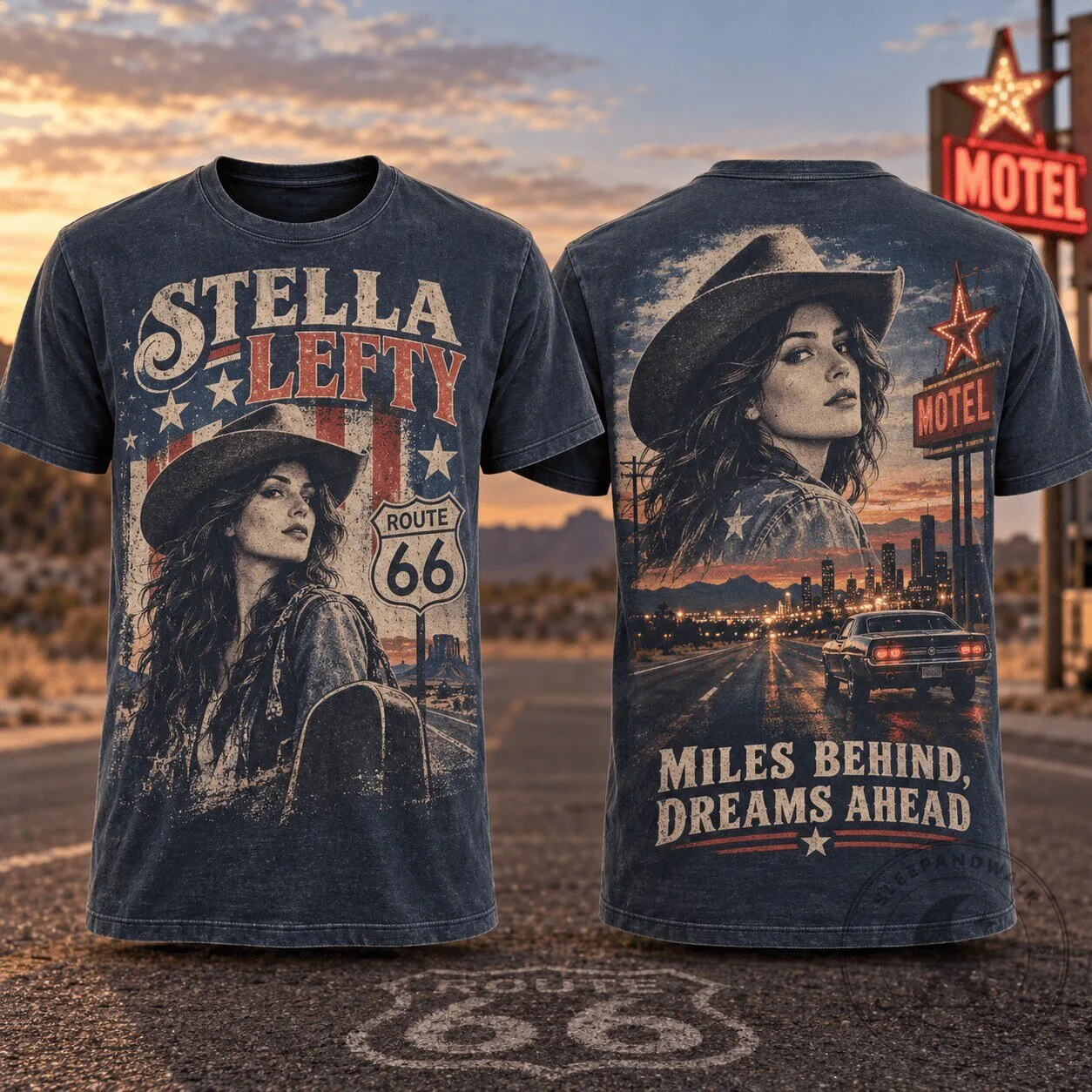 Stella Lefty Route 66 Desert Portrait Country Music T-Shirt for Women