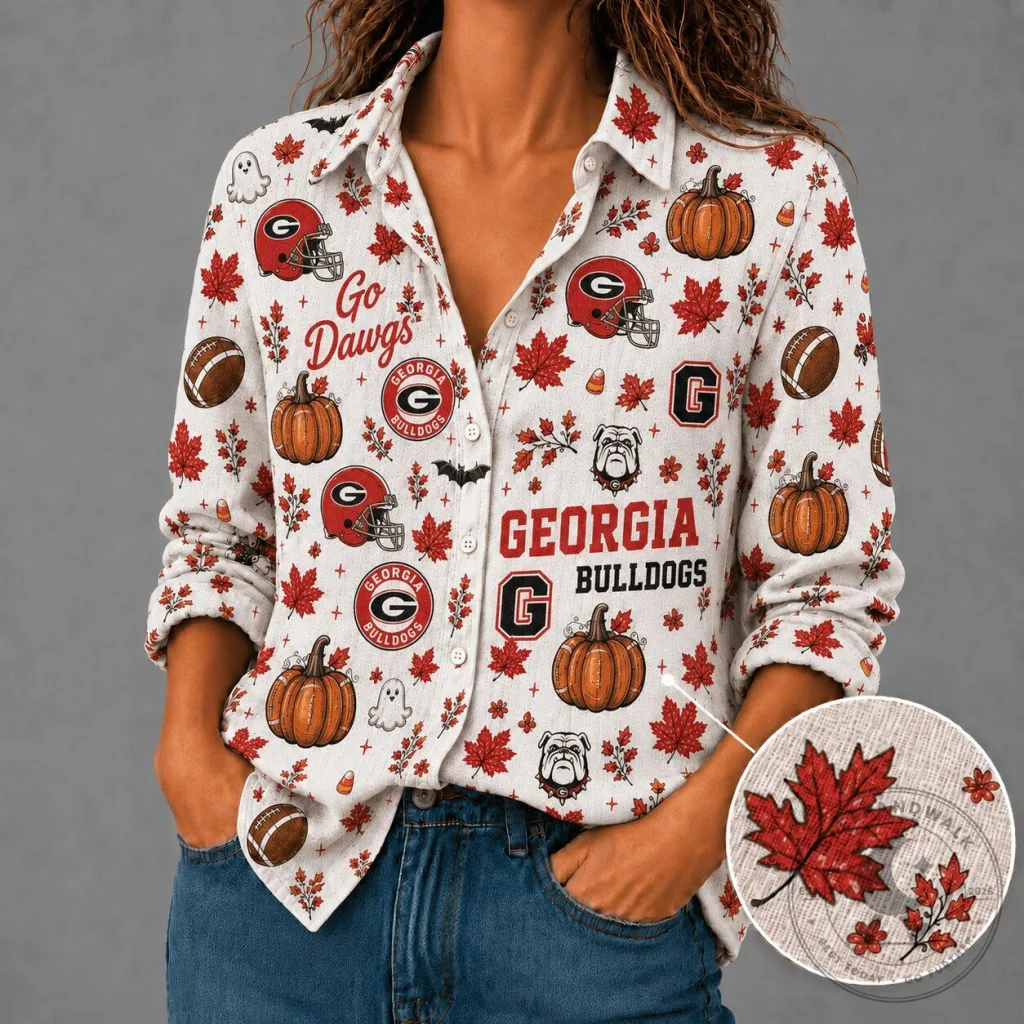 Georgia Bulldogs Shirt Women's Autumn Leaves Halloween Long-Sleeve Shirt Georgia Bulldogs Shirt Women's Autumn Leaves Halloween Long-Sleeve Shirt