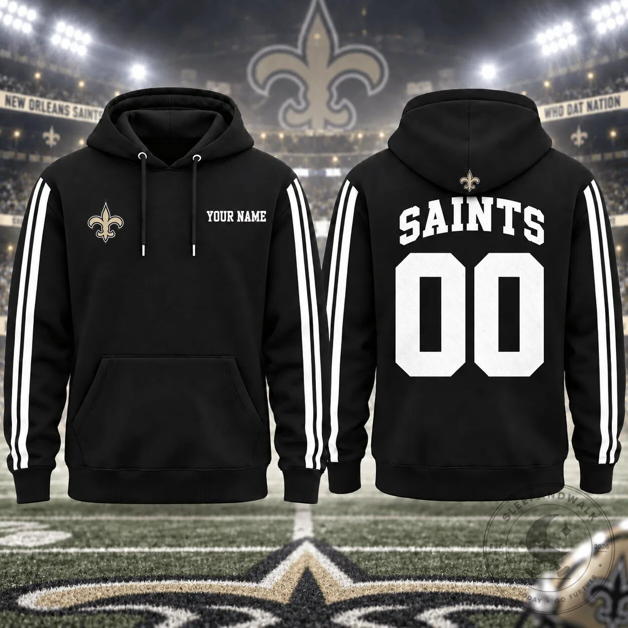 New Orleans Saints Personalized Black and Gold Football Fan Hoodie