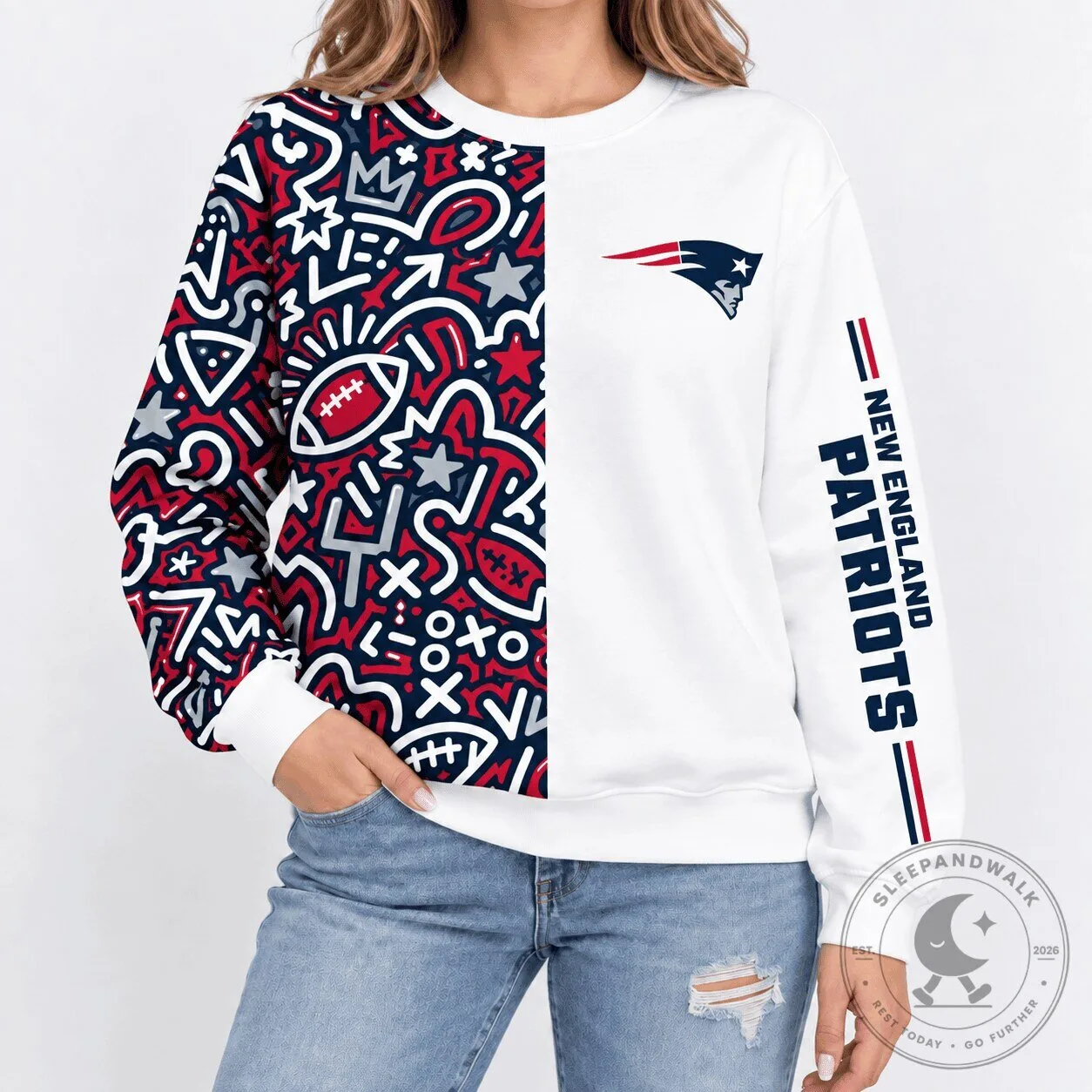 New England Patriots Doodle Art White Crewneck Sweatshirt
