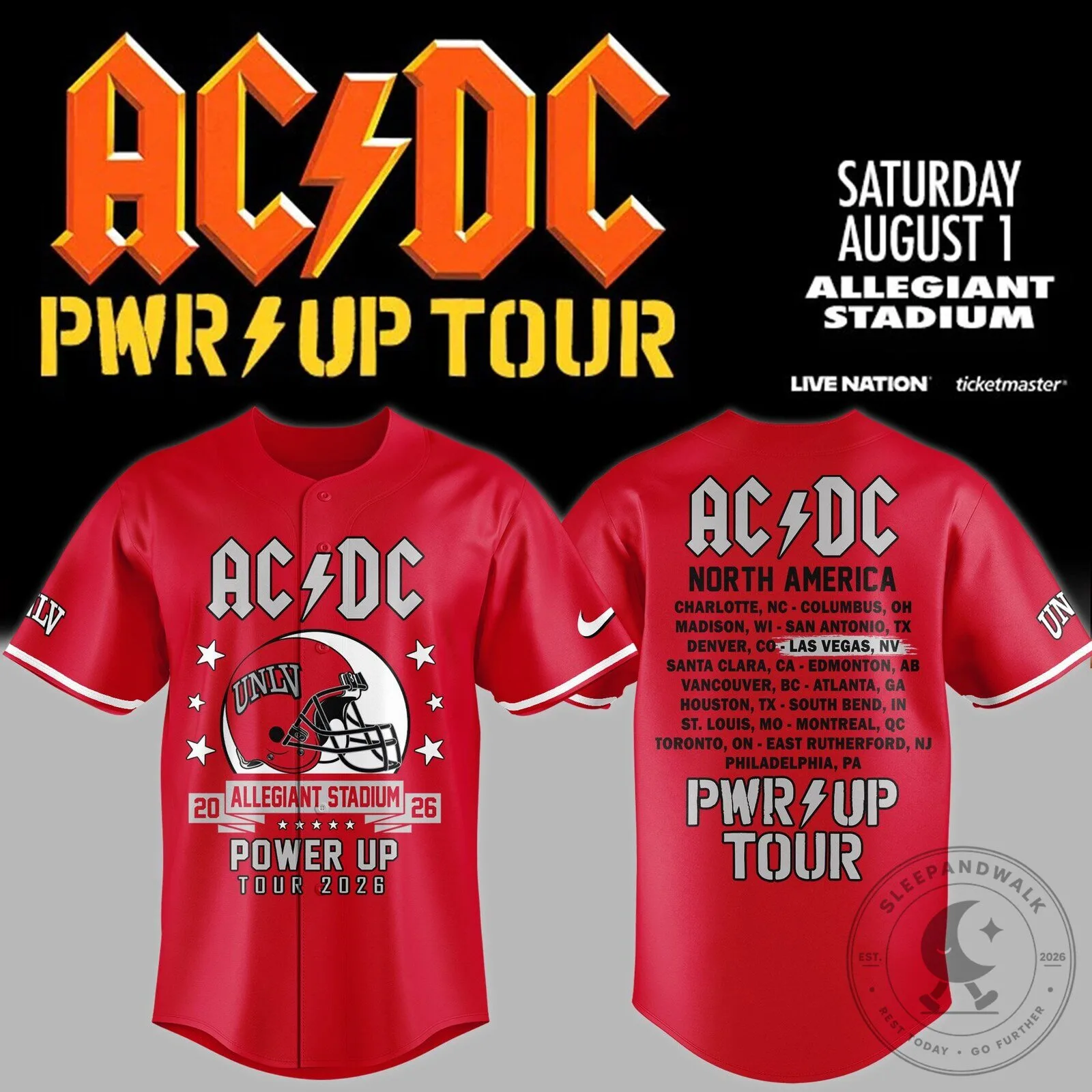 AC/DC Power Up Tour 2026 Allegiant Stadium Red Baseball Jersey