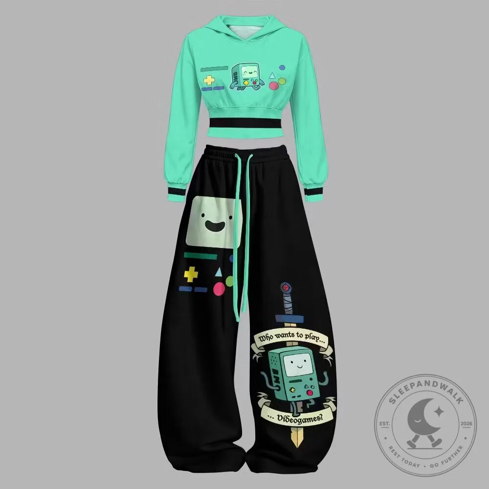 Adventure Time BMO Who Wants To Play Videogames Womens Cropped Hoodie and Pants Set