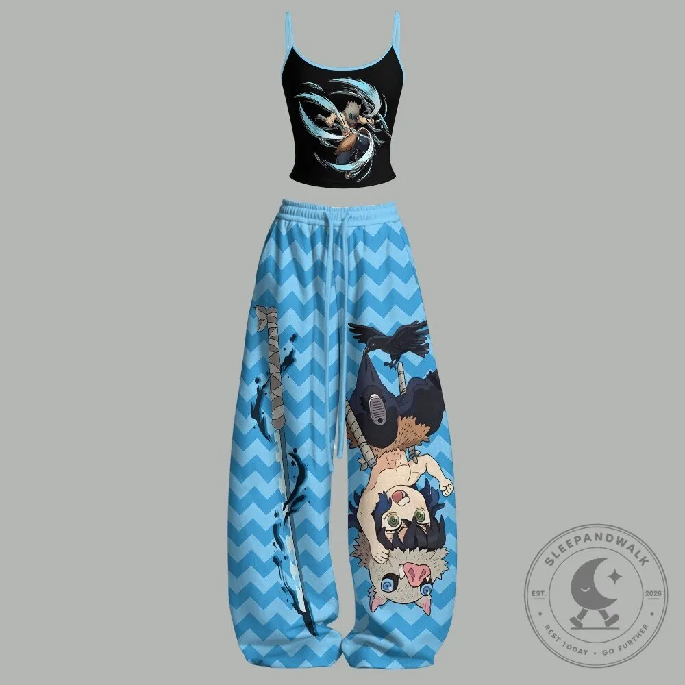 Demon Slayer Inosuke Hashibira Anime Character Blue Chevron Pants Set