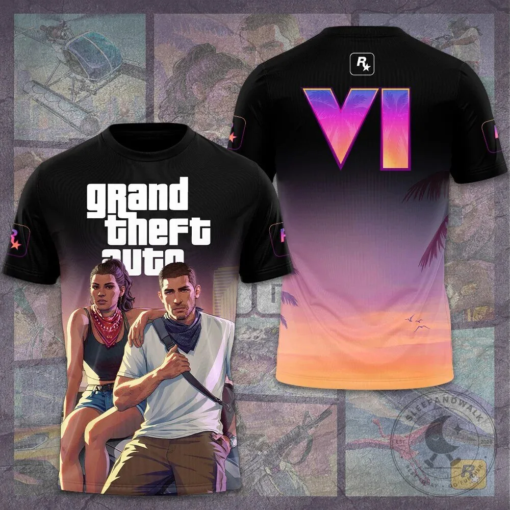 Grand Theft Auto VI Video Game Black and Sunset Gradient T-Shirt