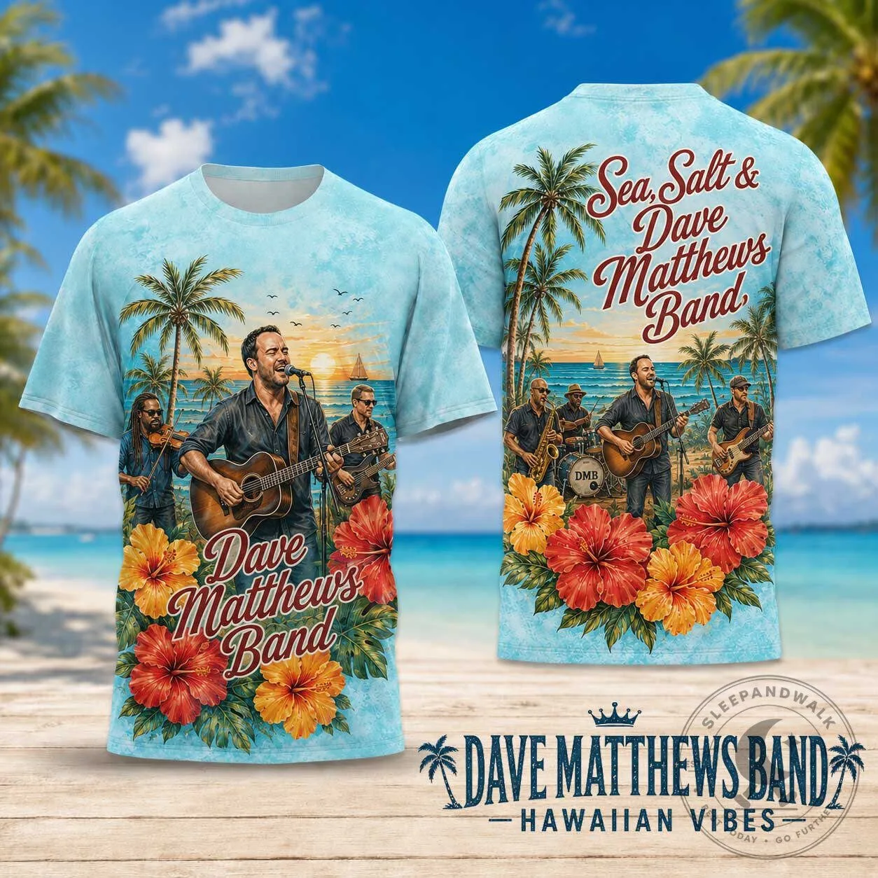 Dave Matthews Band Hawaiian Vibes Sunset Palm and Hibiscus Short Sleeve Shirt