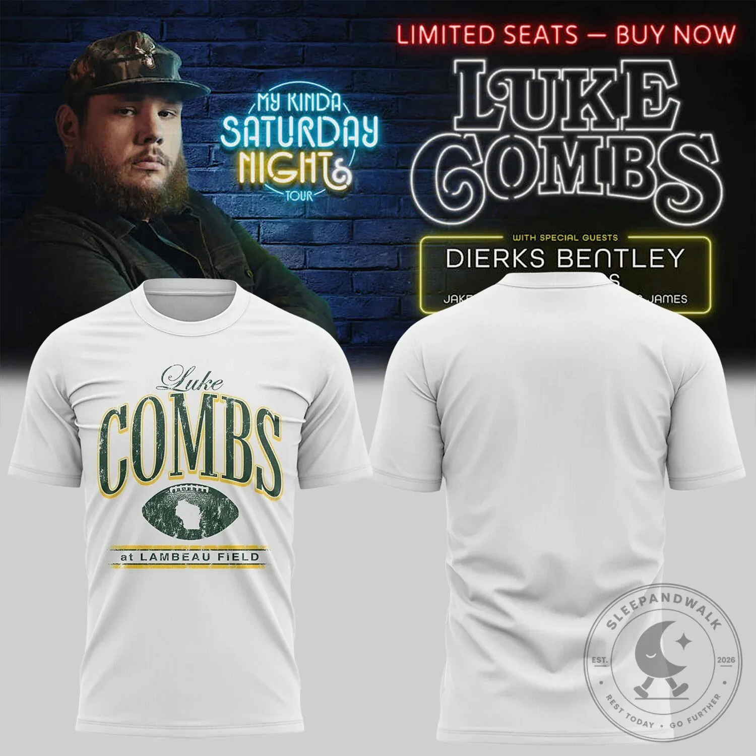 Luke Combs My Kinda Saturday Night Tour Lambeau Field Concert T-Shirt