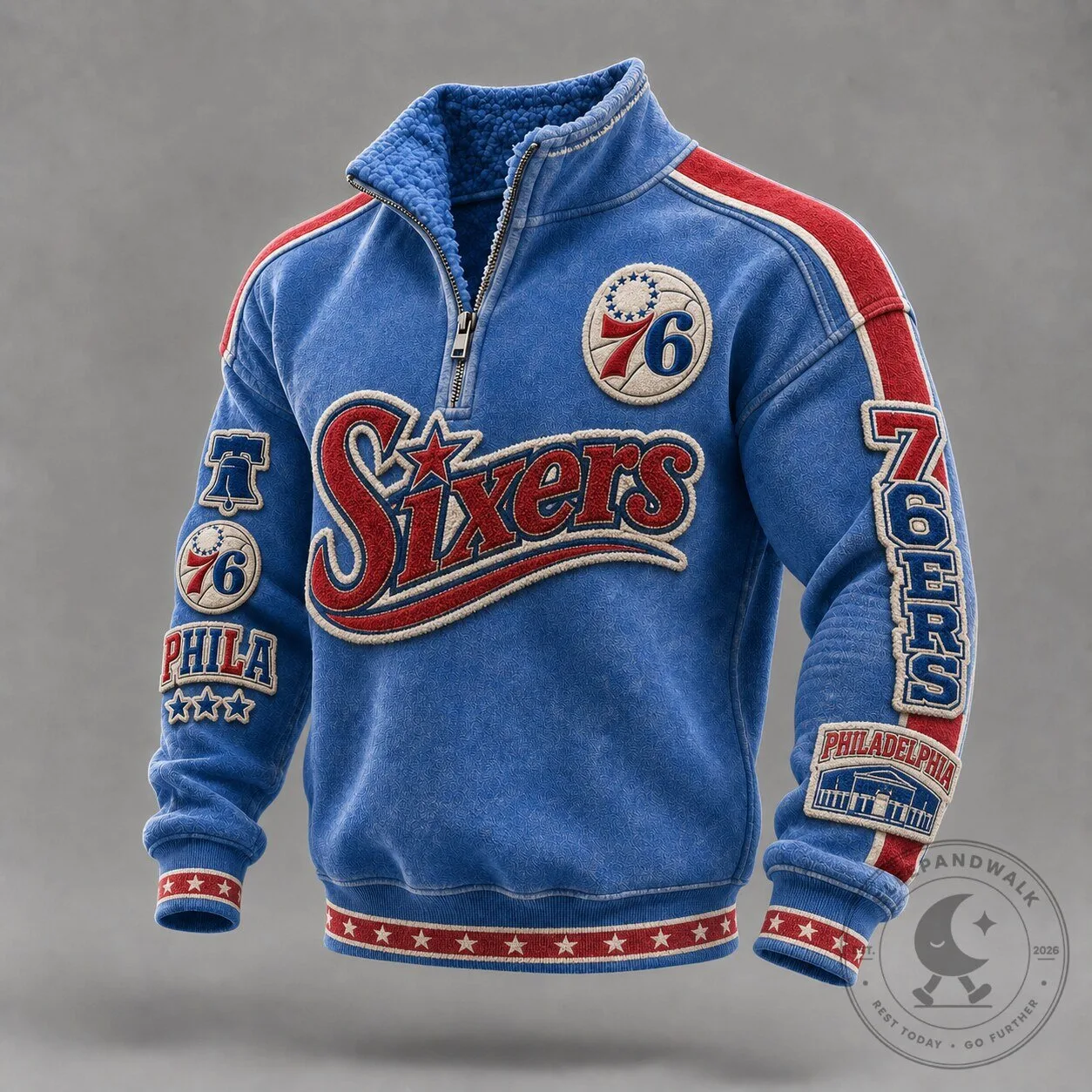 Philadelphia 76ers Blue Quarter-Zip Fleece Sweatshirt with Embroidered Patches