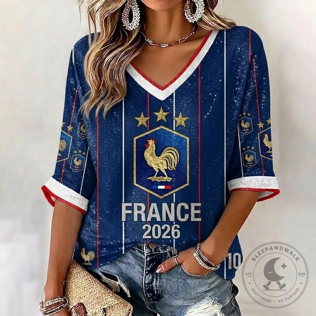 France Football Women's V-Neck Three-Quarter Sleeve T-Shirt 2 France Football Women's V-Neck Three-Quarter Sleeve T-Shirt
