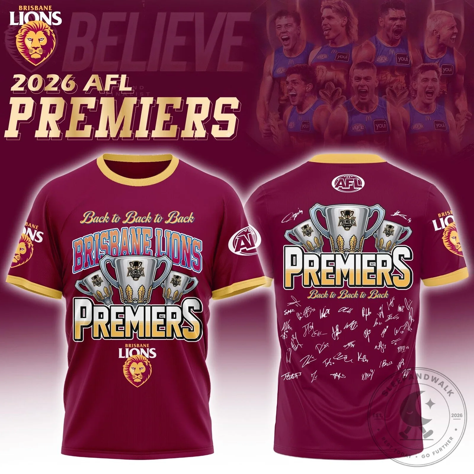 Brisbane Lions 2026 AFL Premiers Back to Back to Back Champions T-Shirt