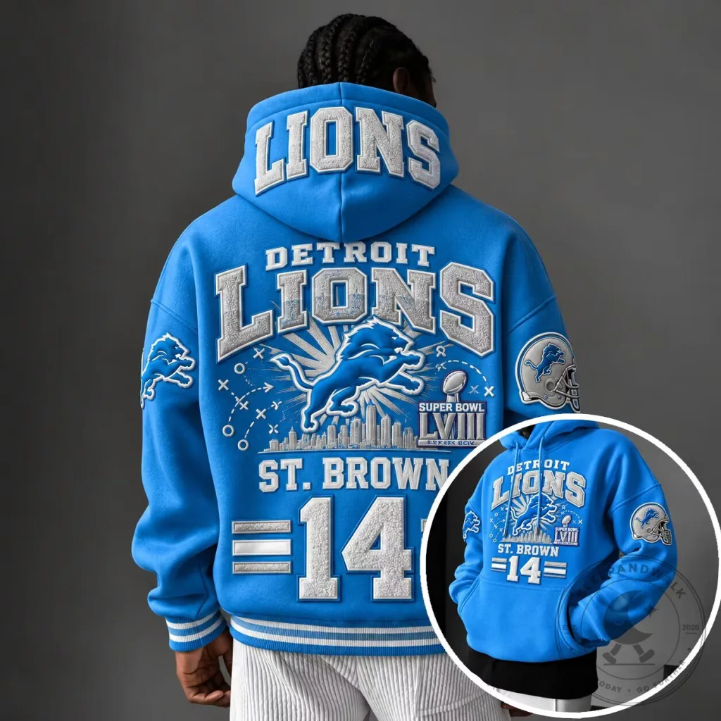 Detroit Lions Super Bowl LVIII St. Brown 14 Football Team Blue Hoodie Detroit Lions Super Bowl LVIII St. Brown 14 Football Team Blue Hoodie