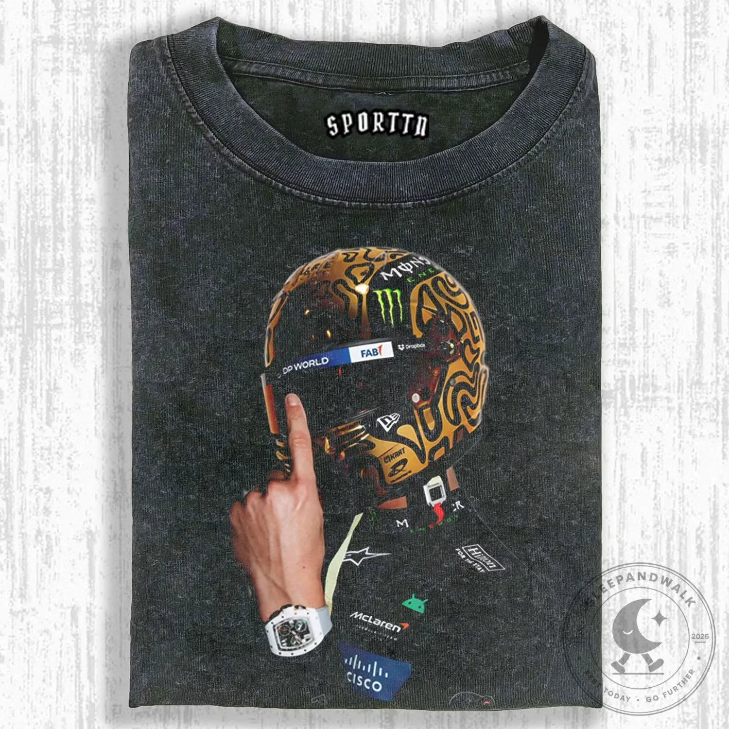 Black Washed T-Shirt featuring Lando Norris, Formula One Racing Driver