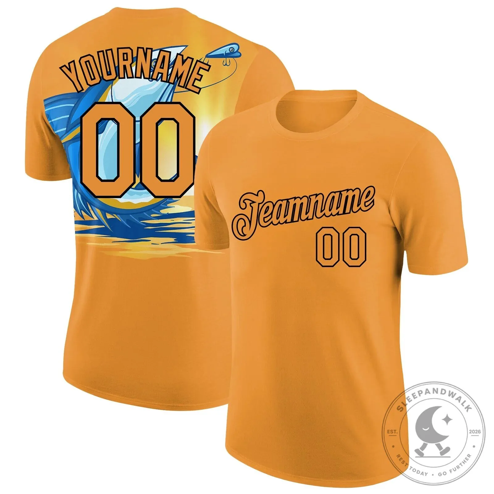 Hook Em Fishing Orange Black Custom Name Number Performance T-Shirt