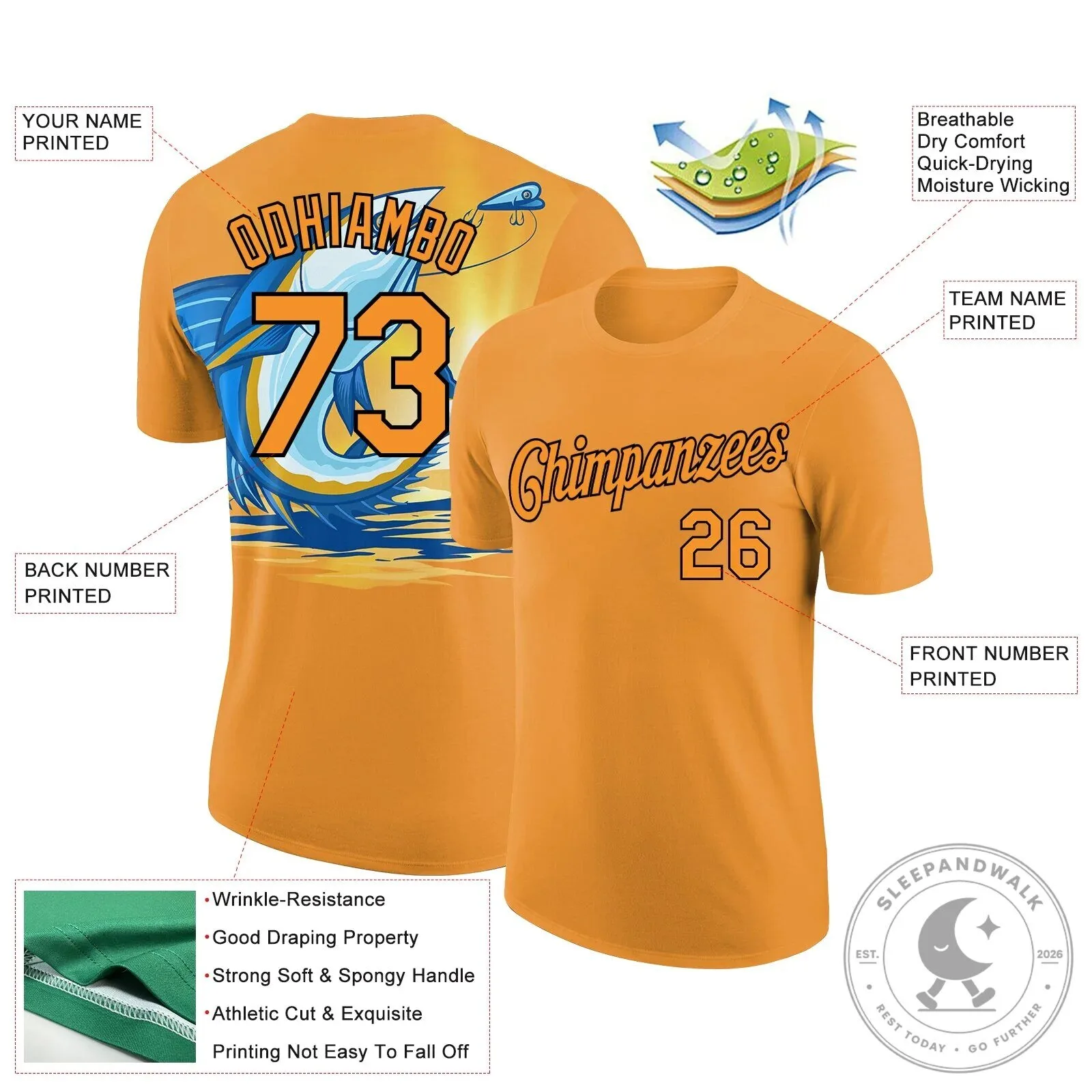 Hook Em Fishing Orange Black Custom Name Number Performance T-Shirt 11 Hook Em Fishing Orange Black Custom Name Number Performance T-Shirt