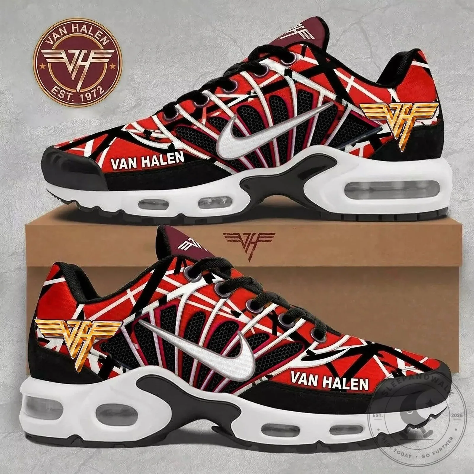 Van Halen Band Logo Red and Black Striped Pattern Athletic Shoes